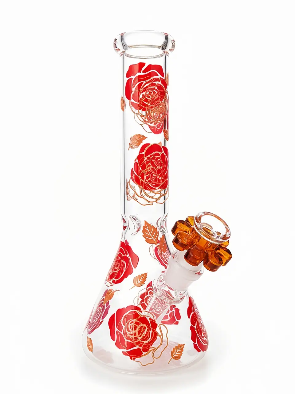 Red Rose Amber Leaves Beaker Glass Bong