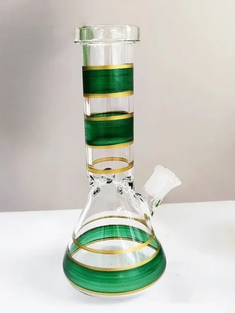 8-Inch Green & Gold Striped Beaker Bong