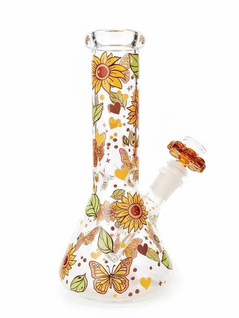 Sunflower & Butterfly Golden Beaker Glass Bong Sunflower & Butterfly Golden Beaker Glass Bong
