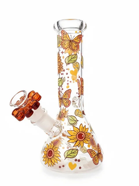 Sunflower & Butterfly Golden Beaker Glass Bong