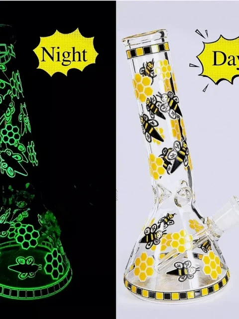 Glow-in-the-Dark Honey Bee Beaker Glass Bong Glow-in-the-Dark Honey Bee Beaker Glass Bong