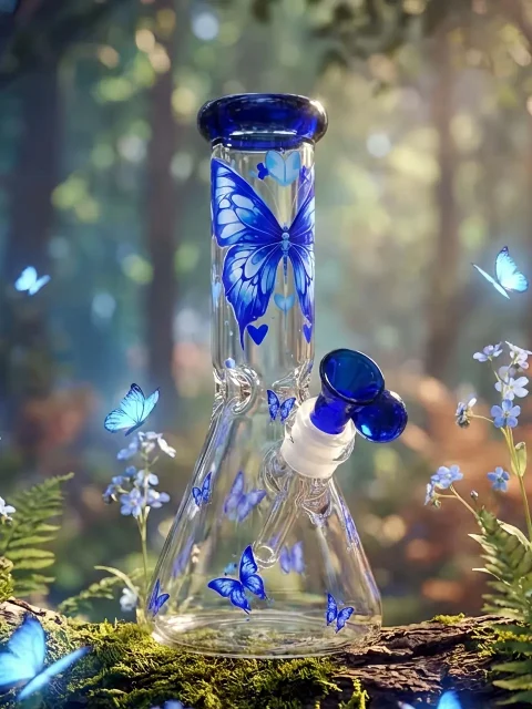 Aurora Butterfly Blue Beaker Glass Bong