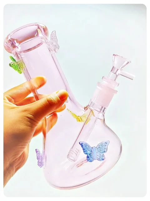 Colorful Crystal Butterfly Pink Beaker Glass Bong Colorful Crystal Butterfly Pink Beaker Glass Bong
