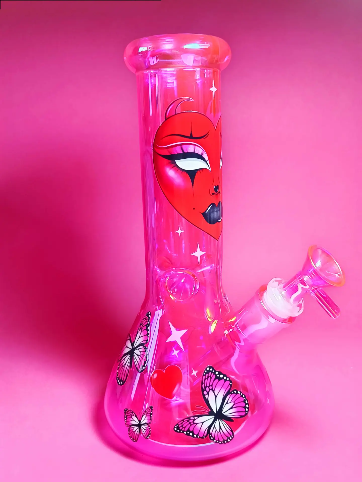 hot-pink-iridescent-beaker-bong-with-goth-face-butterfly