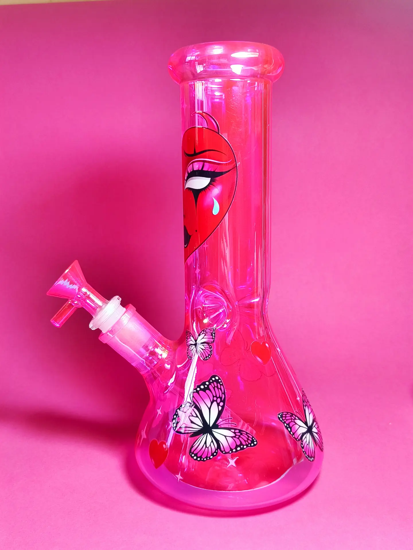 hot-pink-iridescent-beaker-bong-with-goth-face-butterfly