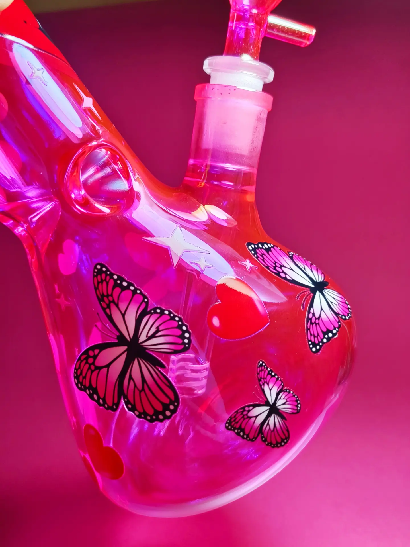 hot-pink-iridescent-beaker-bong-with-goth-face-butterfly