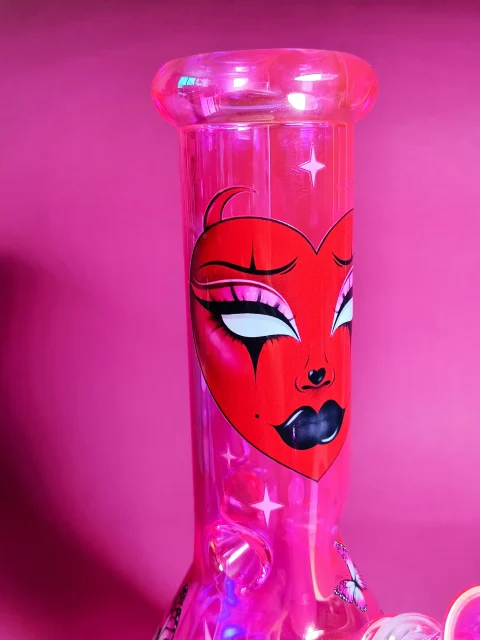 hot-pink-iridescent-beaker-bong-with-goth-face-butterfly hot-pink-iridescent-beaker-bong-with-goth-face-butterfly