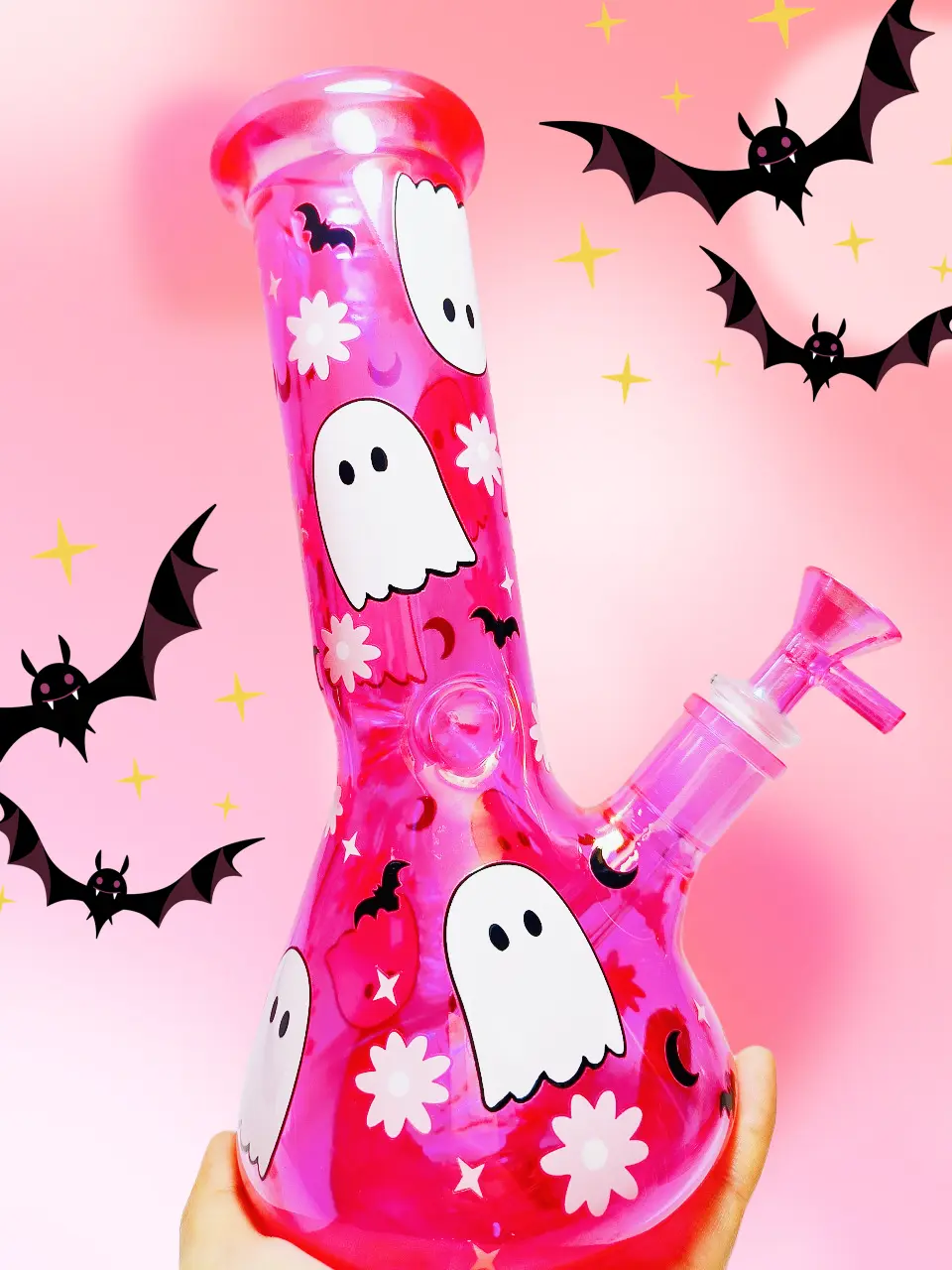 Glitter Ghost Hot Pink Halloween Beaker Glass Bong