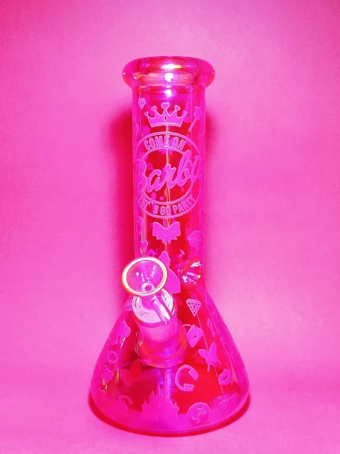 Iridescent Shimmering Barbie Circle Logo Beaker Bong