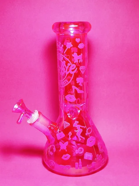 Iridescent Shimmering Barbie Circle Logo Beaker Bong Iridescent Shimmering Barbie Circle Logo Beaker Bong