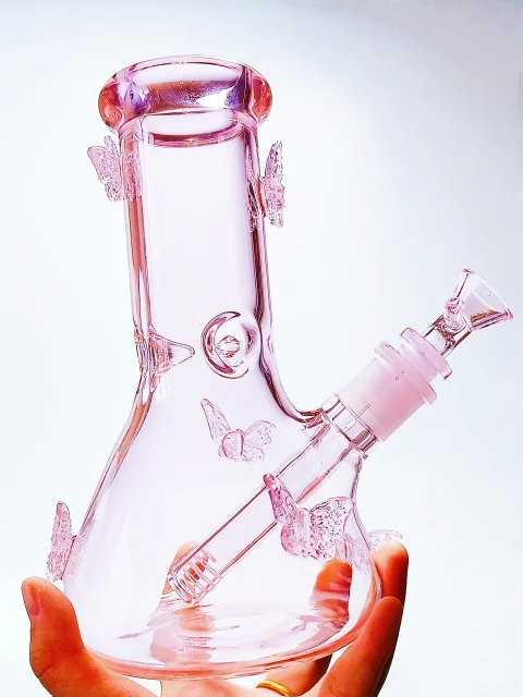 Crystal Butterfly Soft Pink Beaker Glass Bong
